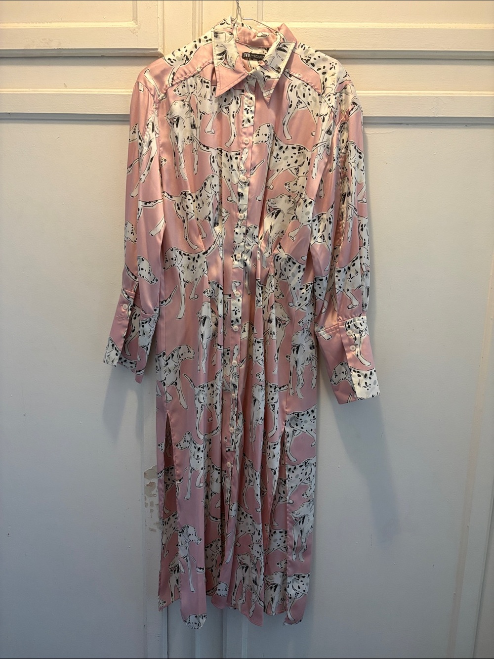 Zara Pink Dalmatian-Print Satin Shirt Dress